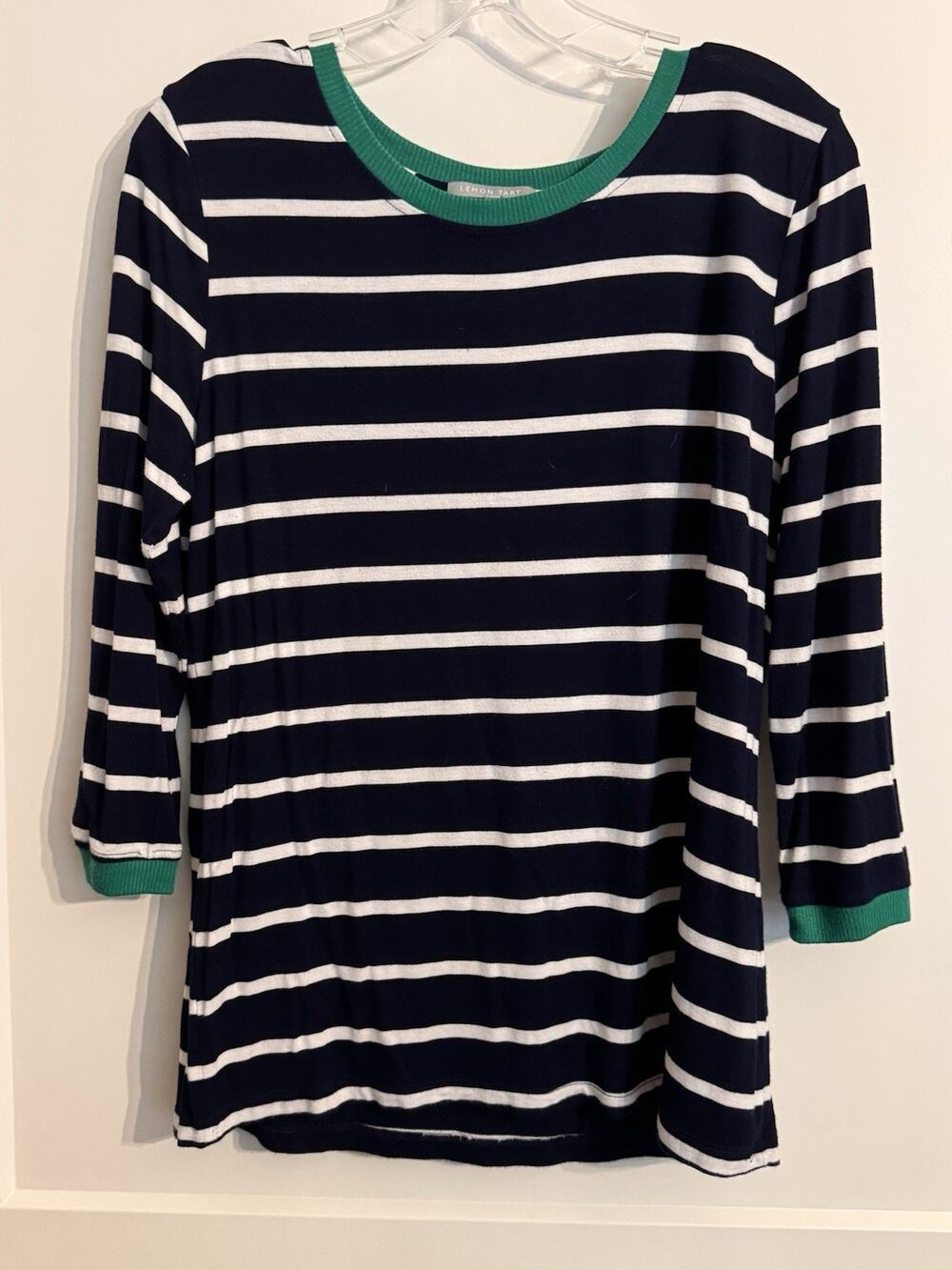 Lemon Tart womens 3/4 sleeve Navy striped top Sz L Nautical Preppy Old Money